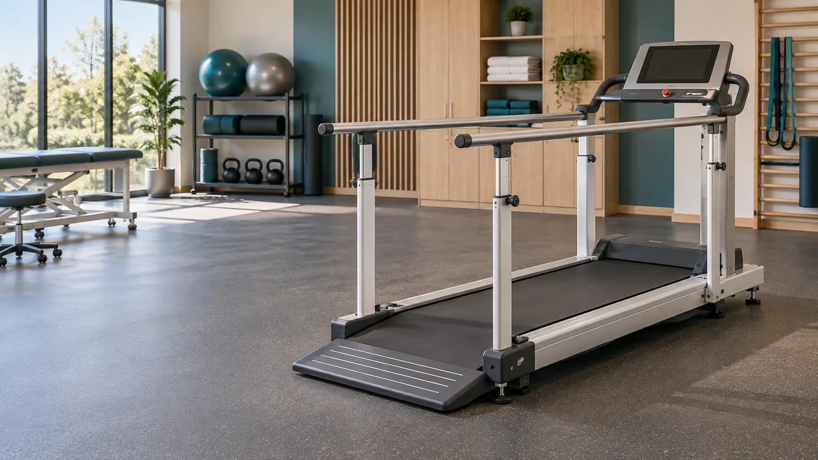 Illustration: rehabilitation treadmill in a clinical setting.