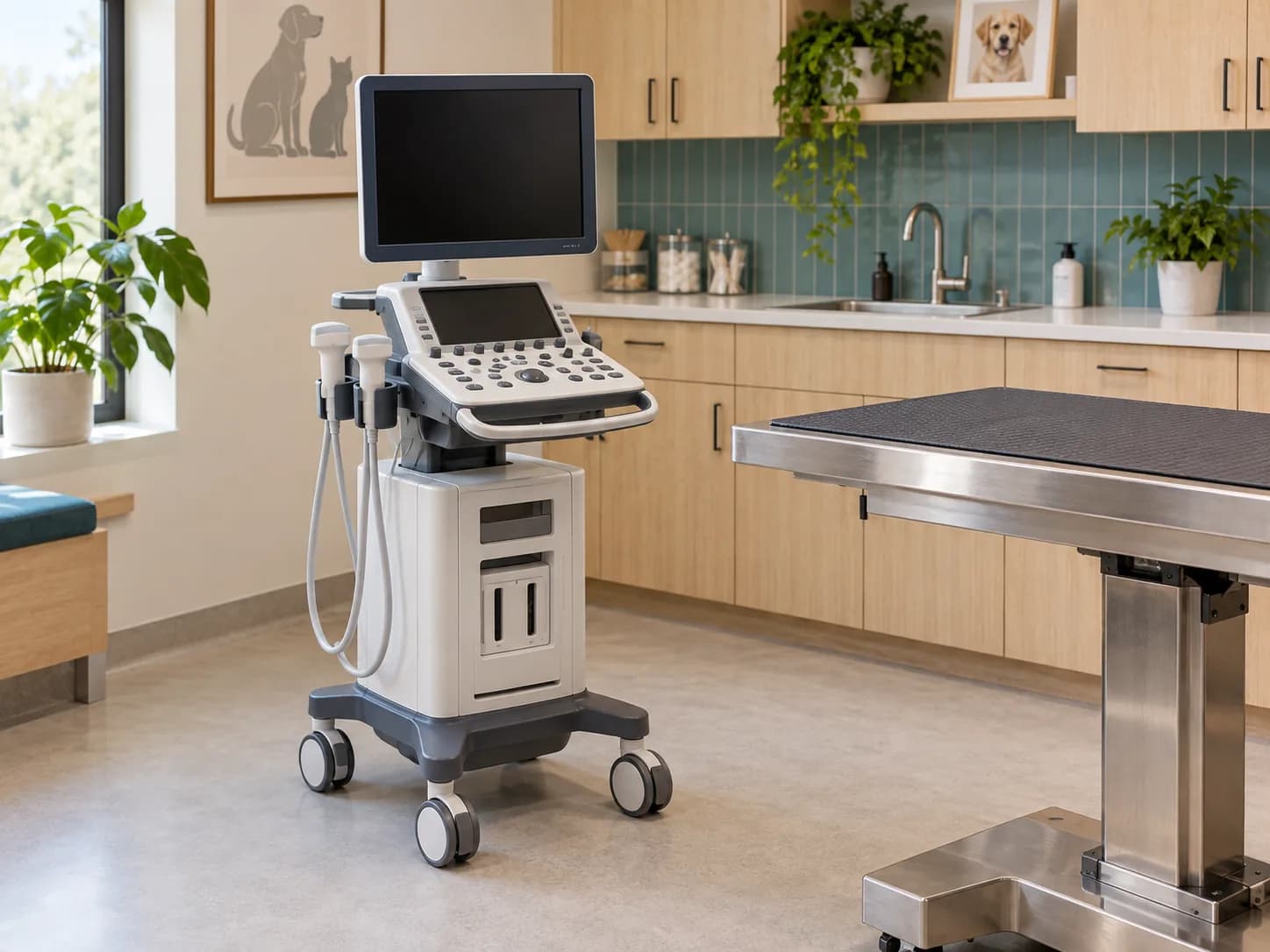 Illustration: veterinary ultrasound system in a clinical setting.