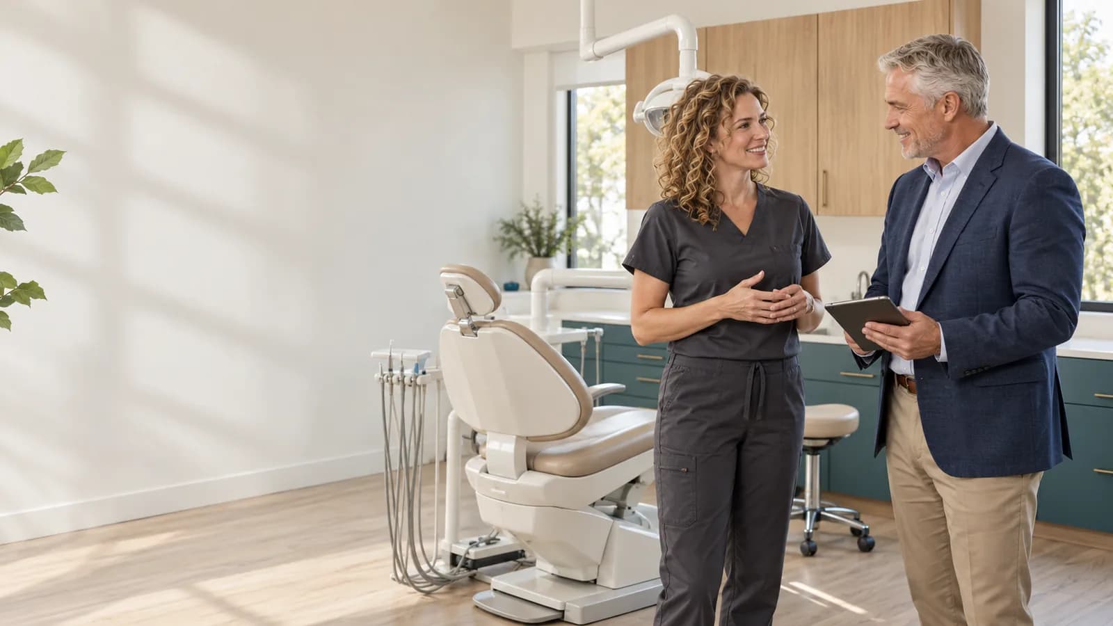 Illustration: a clinician and business representative talk beside a dental treatment chair.